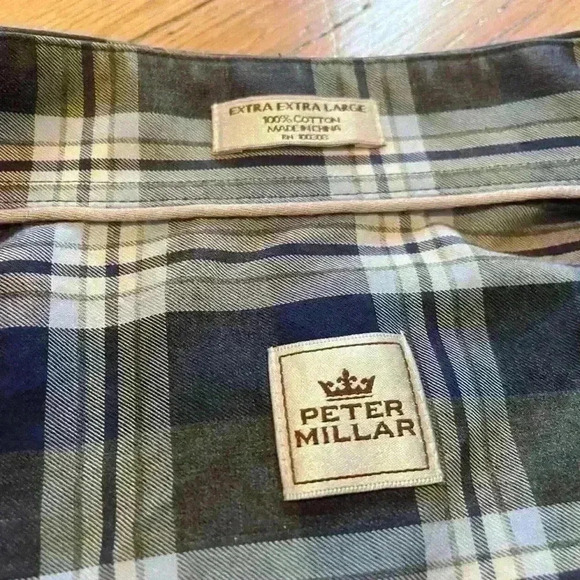Peter Millar Button Down Shirt Men's Size XXL Blue/Gray Plaid Long Sleeve Pocket - Picture 7 of 11